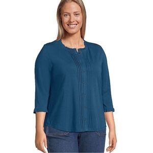 Lands End Women 3/4 Sleeve Light Jersey‎ Ruffle Neck Pintuck Top Blue Size 2X